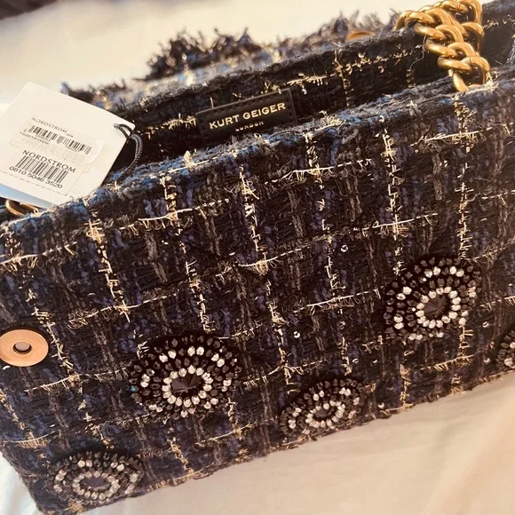 KURT GEIGER NAVY & BLACK EMBELLISHED with Gold Accent Tweed Handbag - Gold Chain - Picture 5 of 16